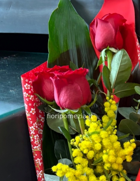 Tralcio di 5 rose rosse a gambo lungo con mimosa